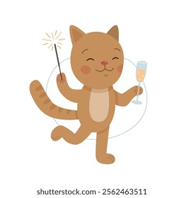 Cheerful ginger cat with a glass of champagne. Animals celebrate Christmas or birthday.