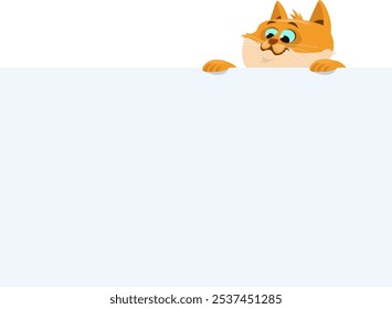 cheerful ginger cat holding a white blank poster, pet with a white piece of paper