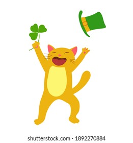 Cheerful ginger cat in a leprechaun hat with a clover for good luck.  Dwarf vector for St. Patrick's Day party. Pub invitation.  Cartoon style, flat design. Vector illustration.