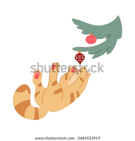 A cheerful ginger cat playfully paws a shiny red Christmas ornament hanging from a green branch. The warm atmosphere of the holiday season fills the entire scene.