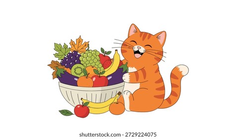 Cheerful ginger tabby cat joyfully hugging a large white bowl filled with a variety of fresh and colorful autumn fruits.