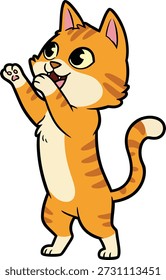 Alegre gato atigrado de jengibre de pie en las patas traseras con patas levantadas juguetonas. Ilustración vectorial de alta calidad ideal para la decoración de la guardería, pegatinas para niños, tarjetas de felicitación, álbumes de recortes y mascotas de la marca. Diseño divertido, caprichoso y vibrante perfecto para los proyectos educativos y creativos de los niños.
