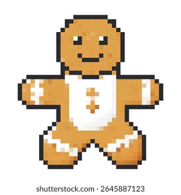 Personagem de biscoito de gengibre alegre no estilo de arte pixel com um rosto sorridente e traje festivo