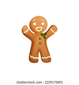 Cheerful Gingerbread Man Character Wearing Christmas Mistletoe, Waving His Hands. Funny Christmas Cookie Clipart. Traditional Sweet Xmas Ginger Biscuit.