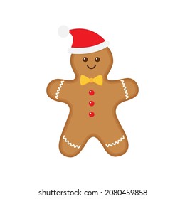Cheerful Gingerbread Man Christmas cookie in bright red Santa's hat  Vector flat illustration isolated white background