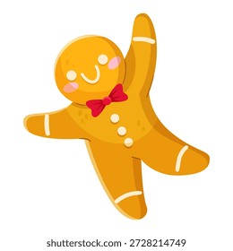 Cheerful gingerbread man cookie character with red bow tie, in cartoon style on a white background. Concept of Christmas holiday fun. Vector illustration