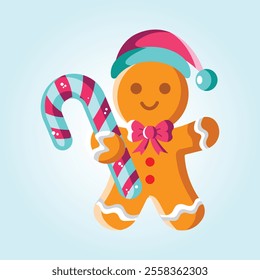 A cheerful gingerbread man holds a candy cane. Festive Christmas illustration.