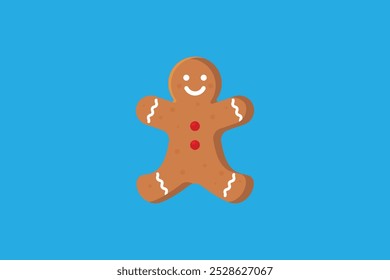 A cheerful gingerbread man with a smiling face and two red buttons is centered on a bright blue background