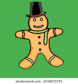 A cheerful gingerbread man wearing a top hat, decorated with white icing on the arms, legs, and face, and three buttons down the center. Set against a green background.