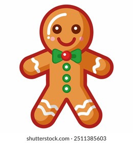 A cheerful gingerbread man wears a colorful bow tie and smiles