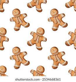 cheerful gingerbread men with white icing details, wearing scarves, on a white background. Ideal for holiday designs, wrapping paper, or festive-themed projects.