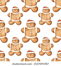 Cheerful gingerbread men with white icing details, wearing Santa hats, on a white background. Ideal for holiday designs, wrapping paper, or festive-themed projects. Vector seamless pattern