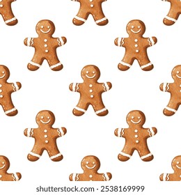 Cheerful gingerbread men with white icing details, seampess pattern on a white background. Ideal for holiday designs, wrapping paper, or festive-themed projects.