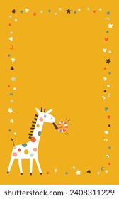 A cheerful giraffe blows a blower. A cute festive cartoon character in a simple childish hand-drawn style. Vector template with confetti frame