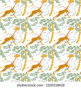 Cheerful giraffe and butterflies. Palm trees, landscape. Summer children's print. Seamless pattern for kids products.