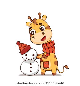 Cheerful giraffe with a carrot in his hands sculpts a snowman with a hat. Vector illustration for designs, prints and patterns. Isolated on white background