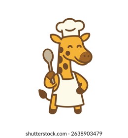 A cheerful giraffe chef with a spoon and apron