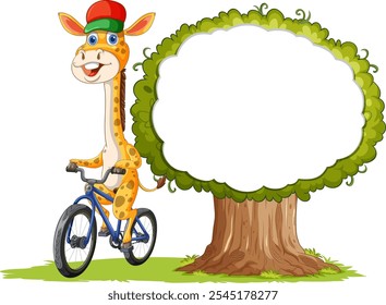 Una jirafa alegre en bicicleta junto a un árbol frondoso