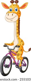 A cheerful giraffe cycling on a colorful bike