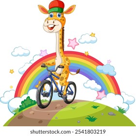 A cheerful giraffe cycling on a sunny day