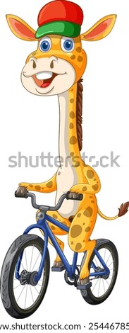 A cheerful giraffe cycling with a red cap