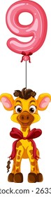 Cheerful giraffe illustration with a pink balloon shaped as number nine. Bright colors and whimsical style enhance playful charm