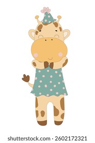 A cheerful giraffe in a polka-dot dress and party hat, perfect for children's designs, birthdays, and safari themes.