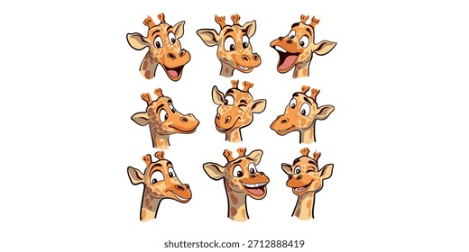 Conjunto de Ilustración vectorial plana de retrato de jirafa alegre