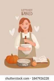 A cheerful girl in an apron mixes ingredients in a bowl. Wooden table, pumpkin, apple. Baking dish and recipe book. Let's get baked lettering. Hand-drawn vector illustration. Cozy mood, homemade cakes