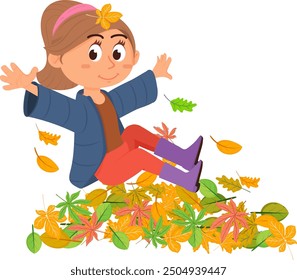 Cheerful girl in autumn leaves pile. Fall kid joy