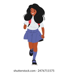 Cheerful Girl With Backpack Running To School. Character Is Dressed In A Uniform With A Skirt, Smiling As She Moves. Concept Of Education, Childhood And Enthusiasm. Cartoon People Vector Illustration