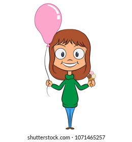 
cheerful girl with a balloon and ice cream in the hands of a celebratory mood