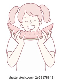 A cheerful girl with a big smile joyfully holds a juicy slice of watermelon, embodying summer fun and happiness