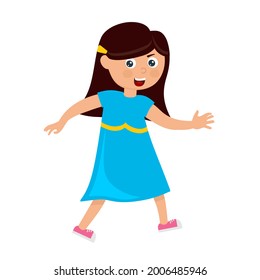 A cheerful girl in a blue dress in a cartoon style. Vector illustration