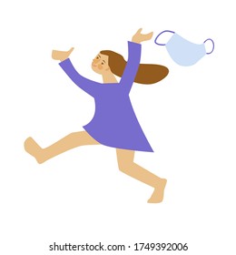 Cheerful girl in a blue dress runs, jumps, raising arms. She took off, threw a medical mask. Vector illustration Isolated on a white background.