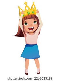 A cheerful girl in a blue skirt puts on a big crown. The playful smile of a child. Vector cartoon child raises his arms above his head, holds a crown.