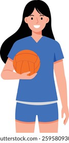 A cheerful girl in a blue sports uniform stands confidently holding a volleyball, radiating enthusiasm and readiness for the game in a minimalistic style.
