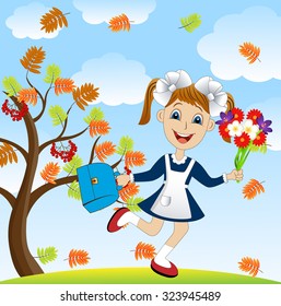 cheerful girl with a bouquet of flowers around the Rowan tree,vector illustration