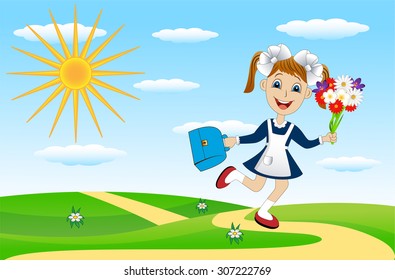 cheerful girl with a bouquet of flowers and a briefcase,vector illustration