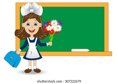 cheerful girl with a bouquet of flowers on the school Board,vector illustration