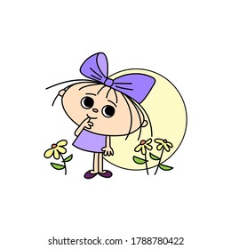 Cheerful girl with a bow and flowers on the background of the sun, hand-drawn cartoon