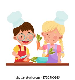 Cheerful Girl and Boy Chef Characters Wearing Apron and Hat Chopping Carrot on Cutting Board Vector Illustration