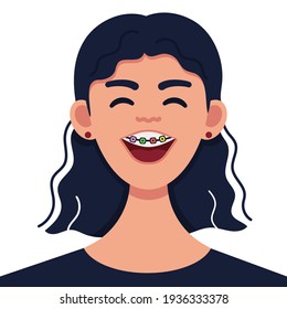 cheerful girl with braces, colored braces, ligatures,
face of happy woman, girl laughing, vector illustration