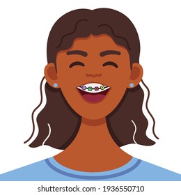 cheerful girl with braces, colored braces, ligatures,
happy black woman face, girl laughing, vector illustration