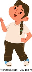A cheerful girl with braided hair and casual outfit in a playful pose. The character exudes happiness with a friendly expression and relaxed stance. Cartoon vector illustration.