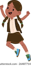 A cheerful girl with braids jumps in excitement, drawn in a playful cartoon style. The animated character wears a vest and skirt, exuding happiness and energy. Cartoon vector illustration.