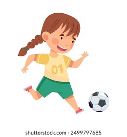 Cheerful Girl with Braids in Sports Shirt and Shorts Playing Football Passing Ball with His Foot Vector Illustration