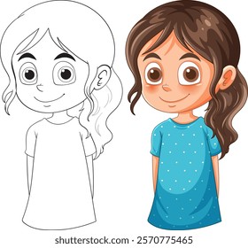 A cheerful girl with brown hair and big eyes