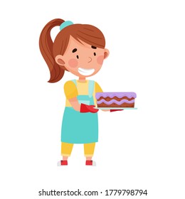 Cheerful Girl Carrying Baked Cake on Tray Vector Illustration