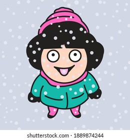 Cheerful Girl Catching Snowflakes With Her Tongue In Winter Park. Cute Woman Playing In A Snow. Winter Activities For Kids Concept Card Character illustration